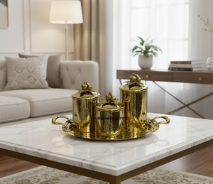 Hammered Gold Stainless Steel Handcrafted Eco-Friendly Luxury Decorative Storage <b>Canister</b> with Tray for Kitchen & Dining - Product Image 2