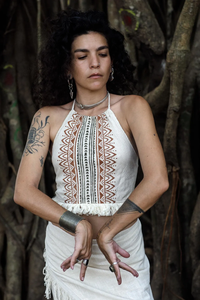 Tribal <b>Crop</b> <b>Top</b> 100% Cotton Hand Block Print and <b>Fringes</b> Halter Collar Casual Short Length Breathable Knitted Fabric - Product Image 5