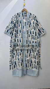 Bloc fait main imprimé longue 100% coton été Kimono Robe femmes meilleure qualité vêtements de nuit personnalisés tenue décontractée gratuit naturel - Product Image 5