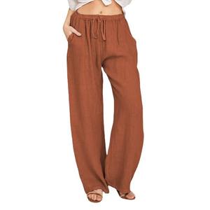 Gran oferta, pantalones largos lisos para mujer, pantalones informales holgados de Color sólido de talla grande, pantalones de espera alta, pantalones clásicos de pierna ancha de lino y algodón - Product Image 4