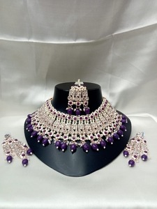 Conjunto de Collar de Novia con Baño de Plata y Kundan para Mujer, con Aretes Jhumka de Perlas Esmaltadas, Joyería para Bodas - Product Image 4