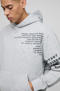 Sweat à capuche gris avec patch étoile pour homme, coupe ample et oversize, imprimé à l'écran, brodé, respirant, en coton lourd, sweat à capuche - Product Image 3