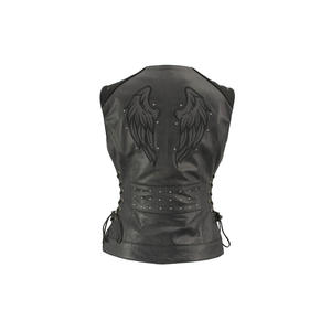 Mesdames Bling Gilet col en V en cuir véritable Fermeture à glissière avant vintage Col mandarin Deux poches avant inférieures Couleur noire - Product Image 5