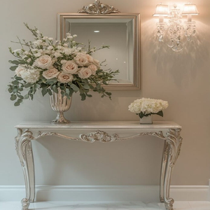 Miroir orné d'or antique et table de console, une pièce de déclaration d'entrée classique avec le stockage. Disponible aux prix de gros. - Product Image 3