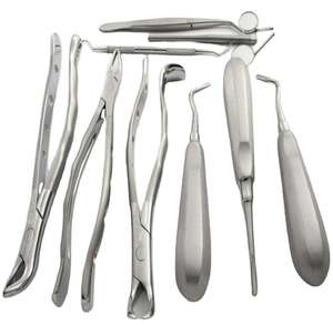 Juego de 11 Instrumentos Dentales Manuales de Acero Inoxidable para Cirugía Oral, Incluye Pinzas, Sondas, Elevadores y Espejos - Product Image 1