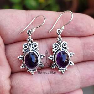925 <b>Sterling</b> <b>Silver</b> <b>Dangle</b> <b>Earrings</b> Natural Amethyst Oval Gemstone Handmade Flower Pattern Jewelry February Birthstone Amethyst - Product Image 2
