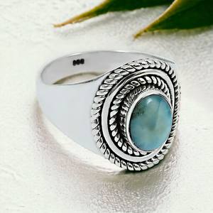 Nueva llegada Diseño de lujo 925 Plata esterlina Natural Larimar Piedra preciosa Anillo de forma ovalada Joyería hecha a mano Precio al por mayor Proveedor - Product Image 2