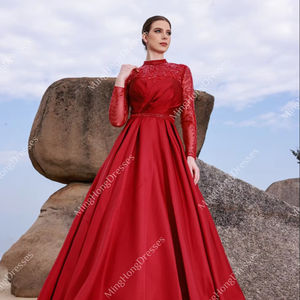 أنيق فستان زفاف رسمي أحمر طويل الأكمام لينة الساتان طول الكلمة مطرز مأدبة حفلة موسيقية فساتين السهرة - Product Image 1