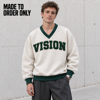 Sweat-shirt personnalisé pour homme en coton 100% 380GSM, tissu éponge lourd, broderie chenille, manches longues, col en V, gris avoine, vente en gros OEM pour l'automne