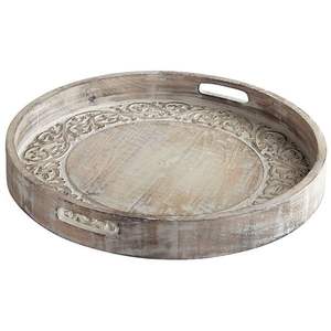 Bandeja rectangular de madera tallada con mandala, bandeja rústica blanqueada, bandeja decorativa para desayuno con asas, estilo bohemio para café y té - Product Image 2