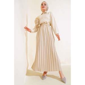 Jupe plissée taille élastique beige longue respirante Style enveloppant décoration pailletée en cuir Spandex nylon soie teinte unie - Product Image 2