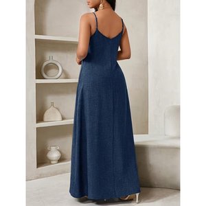 Robe longue à bretelles et col en V pour femme Jane's avec détails de poches 34337-Bleu - Product Image 5