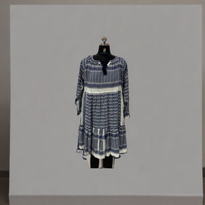 New Navy <b>White</b> Boho Printed Vintage Summer Tunic Tiered Cotton Dress Sleeves Tassel Neck Modern Fit Natural Made India 2026 - Product Image 1