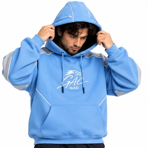 <b>Mens</b> Sky Blue Hoodie <b>Grey</b> Contrast Panels Sleeve Zipper Pockets White Piping Pullover Streetwear Polyester/Cotton Fleece XS - Product Image 4