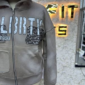 Sudadera con capucha desgastada con cremallera personalizada con estampado fino, chaqueta con cremallera con diamantes de imitación, lavado ácido, ropa de calle de lana lavada Vintage para hombres - Product Image 5