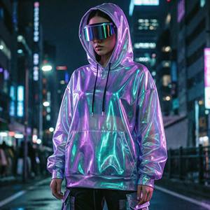 Sweat à capuche surdimensionné pour femme, holographique, semi-transparent, couleur irisée changeante, violet, turquoise, streetwear, pull - Product Image 1