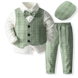 1-6 년 녹색 격자 무늬 셔츠 조끼 세트 봄-가을 정장 소년 복장 유아 소년 의류 세트