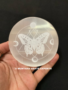 Selenite Carved Charging Plate Feng Shui Style Gemstone Hand Engraved Technique Selenite 3 inch Plate - Product Image 2