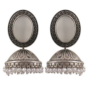 Direct Indian Supplier's Best Selling Chic Oxidised Silver Jhumkas White <b>Crystal</b> Beads <b>Stud</b> Geometric Pattern Fashionistas' - Product Image 3