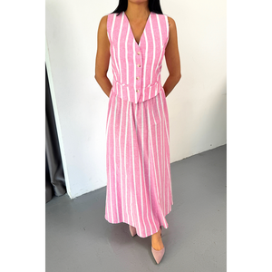 Conjunto de Vestido Casual con Chaleco a Rayas de Lino Rosa y Falda Larga - Product Image 2