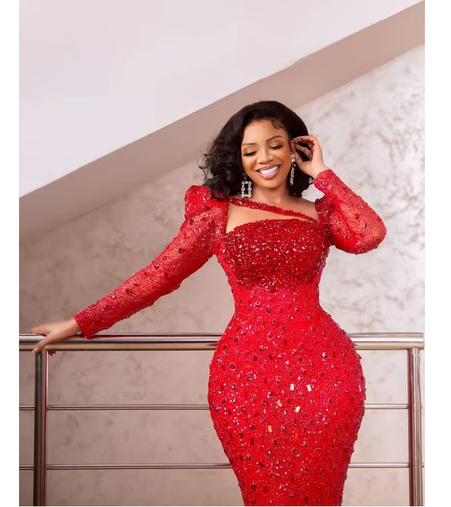 Long Sleeve Aso Ebi Red Sparkly Prom Dress Beaded Evening Formal Party Gown  Birthday Engagement Arabic Style Straight| Alibaba.com