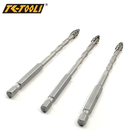 Foret de centrage à quatre dents dentelées, tige hexagonale, revêtement titane, finition sablée, 6 mm, longueur 100 mm, pour maçonnerie, carrelage et verre