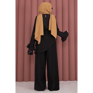 Conjunto de Dos Piezas Negro para Mujer, Túnica de Crepé Floral con Pantalones, Capas con Volantes, Largo Corto, Decoración con Logotipo, Trajes Formales de Verano, Talla XS - Product Image 5