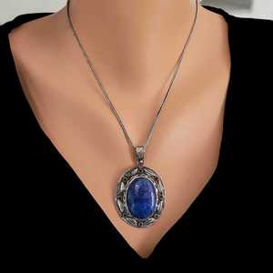 Pendentif en argent sterling 925 en forme de feuille avec pierre de lapis-lazuli véritable - Product Image 2
