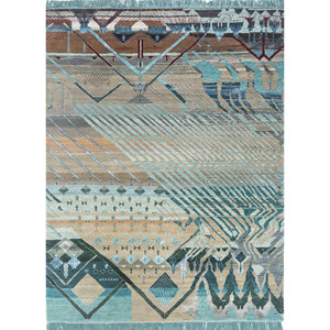 Tapis Manchaha noué à la main en laine et soie de bambou, bleu, grand format, motif abstrait pour la maison, le salon et le couloir Les-2105 - Product Image 4