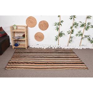 Brown and Beige Rustic Wool Striped <b>Rug</b> 39x64 ft Patchwork <b>Boho</b> Flat Weave Latex Backed for Cozy Home Decor - Product Image 1