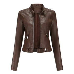 Nueva chaqueta recortada de cuero para mujer de estilo cruzado adelgazante eficaz para ropa de motocicleta de moda informal - Product Image 5