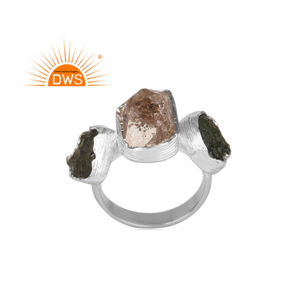 Anillo Apilable de Plata de Ley Fina con Diamante Herkimer y Moldavita en Bruto, el Más Vendido, Fabricante de Joyería Personalizada - Product Image 1