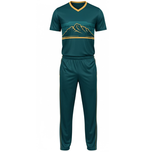Ensemble de vêtements de sport pour hommes OEM, uniforme de cricket sublimé, maillot et pantalon turquoise avec graphisme montagne dorée - Product Image 1