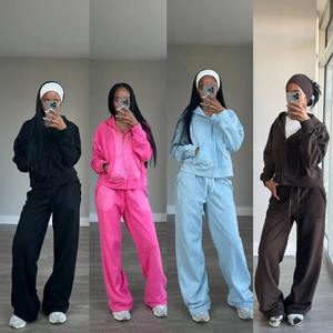 Venta caliente Conjunto de dos piezas informal personalizado Sudadera con capucha con cremallera Deportes Ropa informal suelta Conjunto de Top y pantalón sólido para mujeres Uso diario - Product Image 1