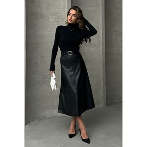 Jupe Ceinturée en Similicuir Noir TOPSHOW pour Femme, Motif Uni, Idéale pour Tenue Décontractée et Style Bureau - Product Image 1