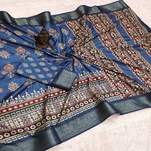 VASTRA COTTAGE Soft Silk Saree with All Over Digital Print and Both Side Zari Border Weaving Designer Saree with Running <b>Blouse</b> - Product Image 2