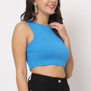 Women's Blue Crop <b>Top</b> Crew Neck <b>Sleeveless</b> <b>Knitted</b> Solid Color Regular Fit High Street Breathable Spandex Cotton Spring Summer - Product Image 4