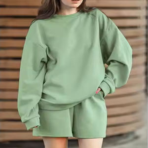 Nouveautés Hiver Femmes 100% Coton Survêtements Solide Sweat Shirt Top Shorts Ensemble Assorti Heavy Jogger Deux Pièces Shorts Ensemble - Product Image 6