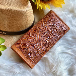 Beautiful Design Lady Floral Hand Tool Carving Genuine Leather Portable Clutches <b>Phone</b> Case Card Stylish Turquoise Flower Wallet - Product Image 3