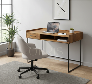 Stylish Wooden Work Desk with Drawer and Storage Metal Legs Contemporary <b>Workstation</b> - Product Image 4
