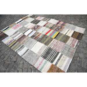 Tapis turc vintage 5,5x7,3 pieds, grand tapis, tapis camouflage beige patchwork - Product Image 3