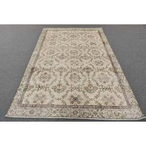 Alfombra turca Vintage clásica blanca marrón 5,6x8,8 pies diseño de retazos hecho a mano lana látex Tabriz para sala de estar pasillo rectángulo - Product Image 1