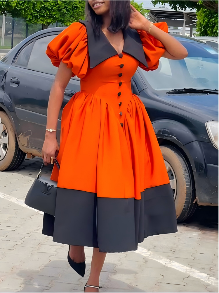 open lace back dress Orange Floral High Ruffle Collar V Neck Dress  SSYS