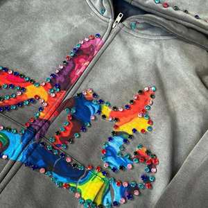 Rhinestone Hoodie Custom Pullover Acid Wash Hoodie Men Screen Printed logo Heavyweight Fleece Vintage Distressed Hoodies - Product Image 2