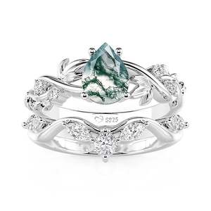 Jeulia Intertwined Leaf Pear Cut Moss Agate <b>Ring</b> <b>Set</b>-Rose Gold Plated <b>Silver</b> Fashion <b>Ring</b> - Product Image 4