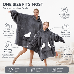 Wholesale Oversized Soothing Skin <strong>Long</strong> Length <strong>Snuggle</strong> <strong>Hoodie</strong> Fleece Pullover Wearable Parent-child Blanket with Giant Pocket - Product Image 1