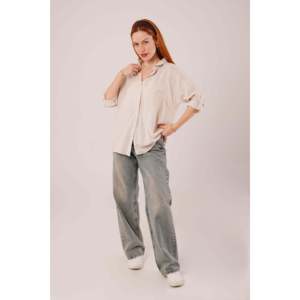 Lustrin Women's Oversize Cream Striped Viscose Shirt with Pocket Detail - Wholesale Loose Fit Blouse for Casual Wear - Product Image 2