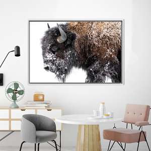 Impression sur toile de bison d'hiver : Art mural animalier américain, design imprimé, toile encadrée blanche - Product Image 1