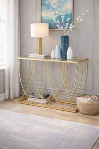 Modern geometric gold <b>console</b> <b>table</b> with mirrored top. Sleek luxury for any entry. Available at wholesale prices. - Product Image 2