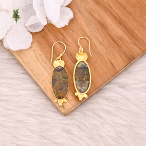 Boucles d'oreilles pendantes ethniques en laiton avec pierre de jaspe fruitée, bijoux plaqués or faits à la main, boucles d'oreilles pendantes en laiton de haute qualité, commande en gros - Product Image 4